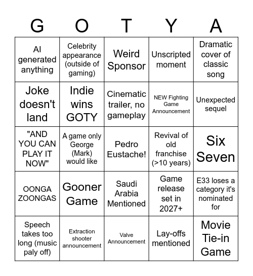 Game Awards Bingo Card