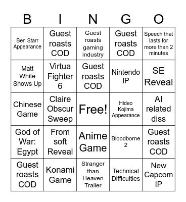 Game Awards Bingo Card
