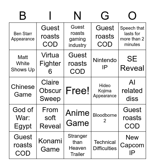 Game Awards Bingo Card