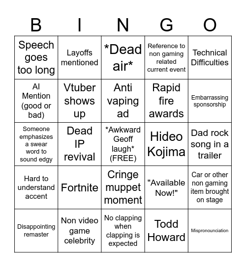 The Game Awards 2025 Bingo Card