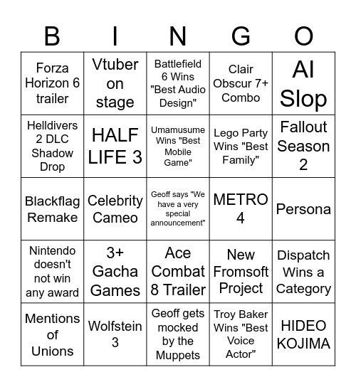 Game Awards Bingo Card