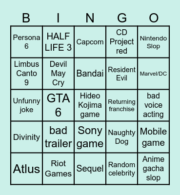 Game Awards Bingo Card