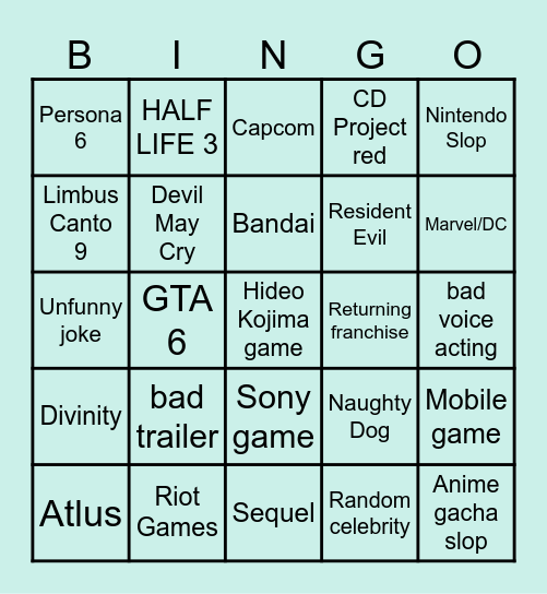 Game Awards Bingo Card