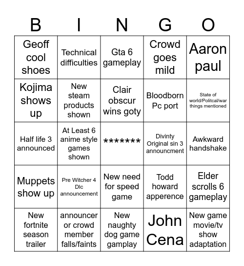 Game awards Bingo Card