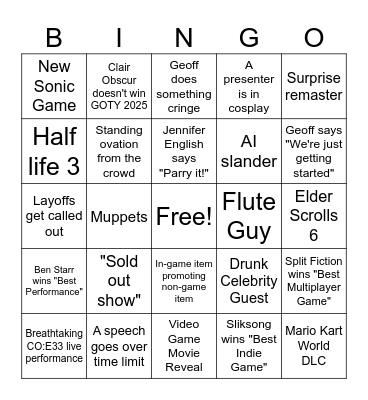 Game Awards 2025 BINGO Card