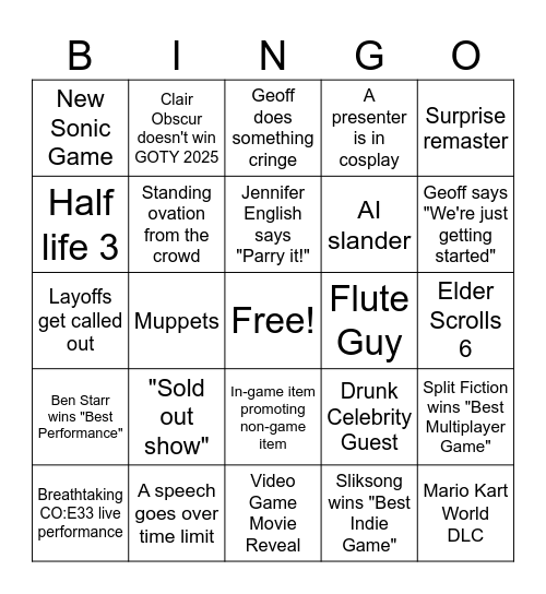 Game Awards 2025 BINGO Card