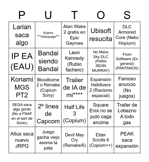Game Awards 2025 Bingo Card