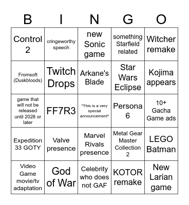 TGA 2025 Bingo Card