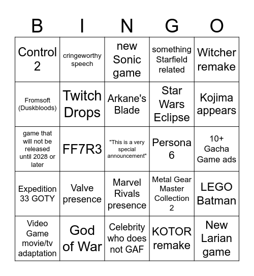 TGA 2025 Bingo Card