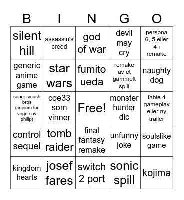 Game Awards 2025 Bingo Card