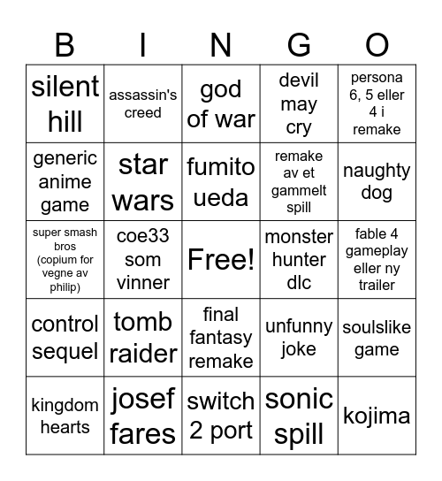 Game Awards 2025 Bingo Card