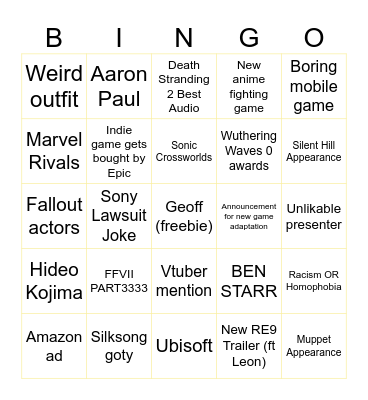 TGA Bingo Card