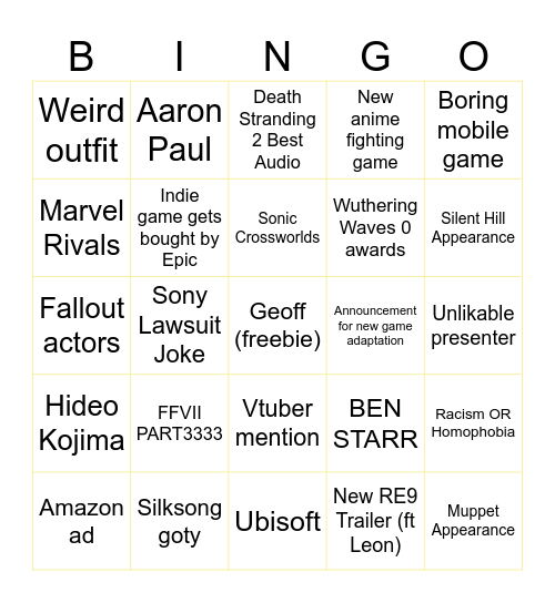 TGA Bingo Card