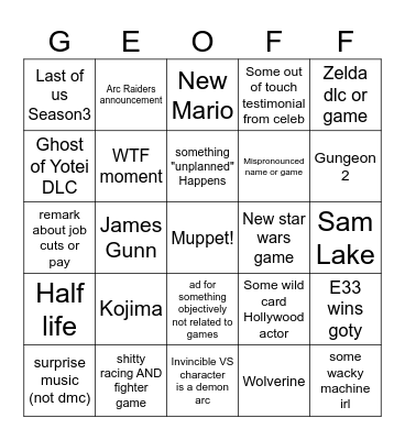 TGA Bingo Card