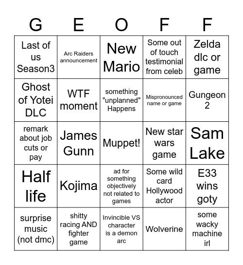 TGA Bingo Card