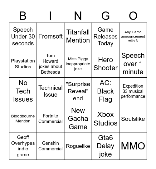 The Game Awards Bingo Card