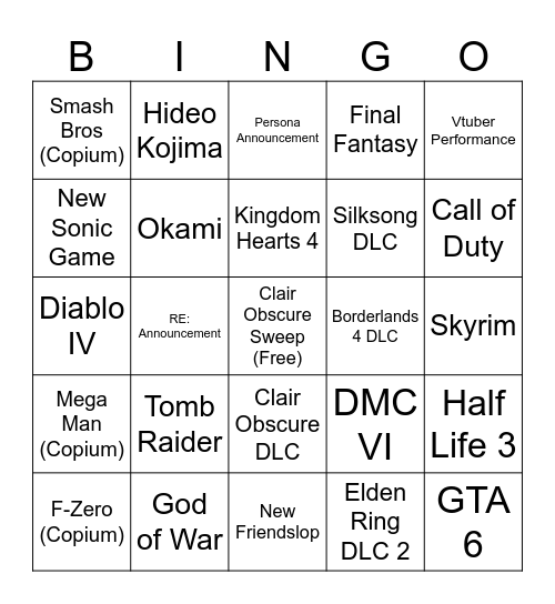 Game Awards 2025 Bingo Card