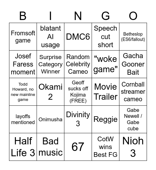 Game Awards Bingo Card