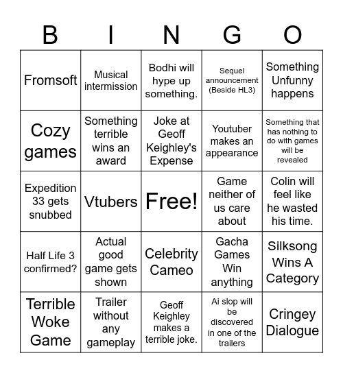 Game Awards Bingo Card