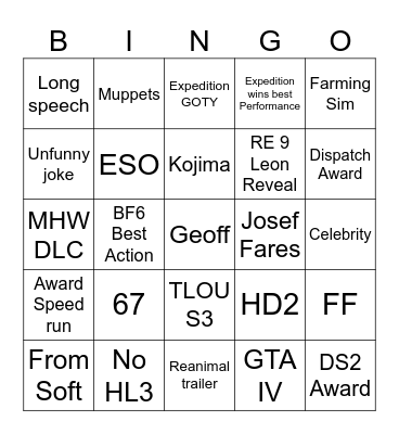 Game Awards '25 Bingo Card