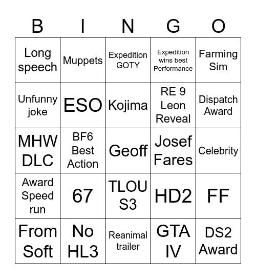 Game Awards '25 Bingo Card