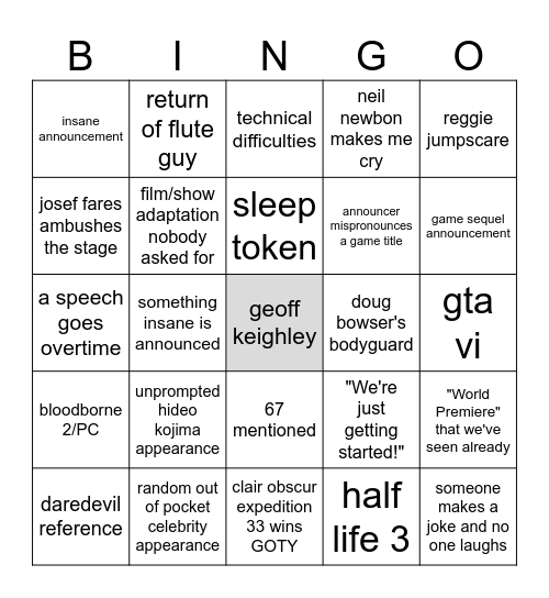 game awards bingo Card