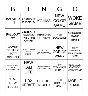 THE GAME AWARDS 2025 Bingo Card