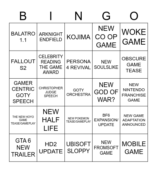 THE GAME AWARDS 2025 Bingo Card