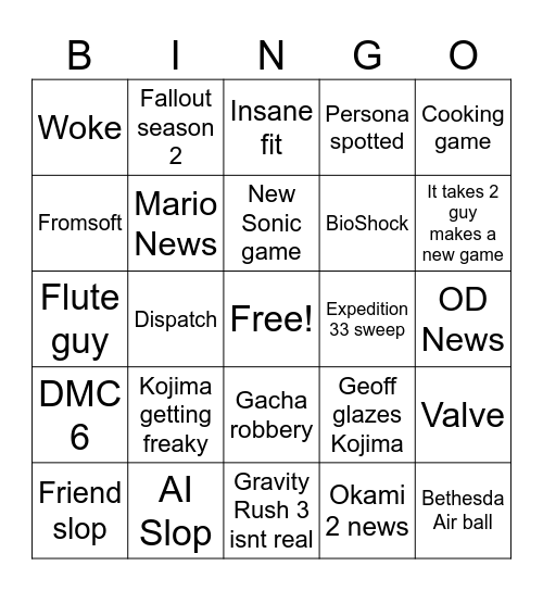 Game Awards Bingo Card