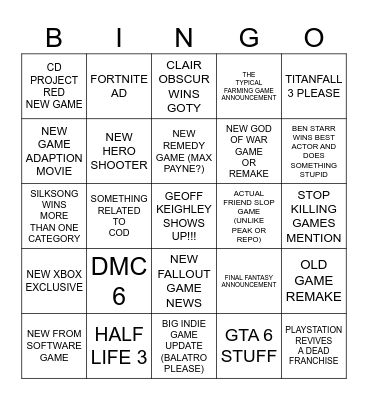 TGA 2025 PREDICTIONS Bingo Card