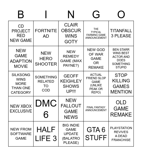 TGA 2025 PREDICTIONS Bingo Card