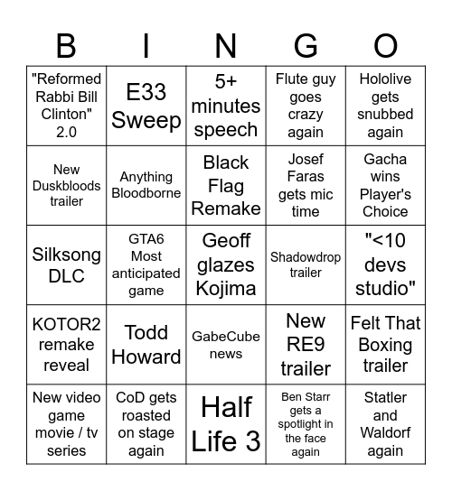 2025 VGAs Bingo Card