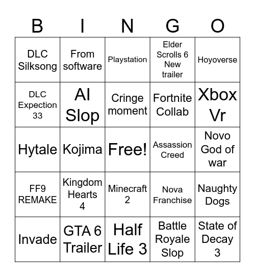 The Game Awards Bingo Card