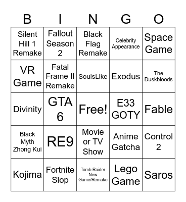 Game Awards Bingo Card