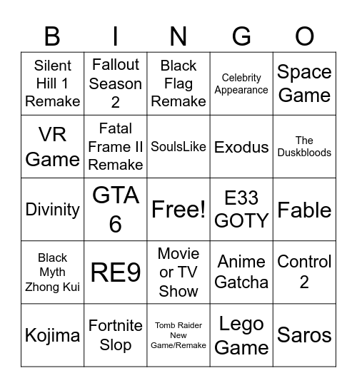 Game Awards Bingo Card