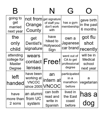 Get up, ask around and find someone who... Bingo Card