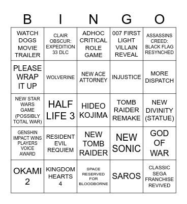 GAME AWARDS 2025 BINGO Card