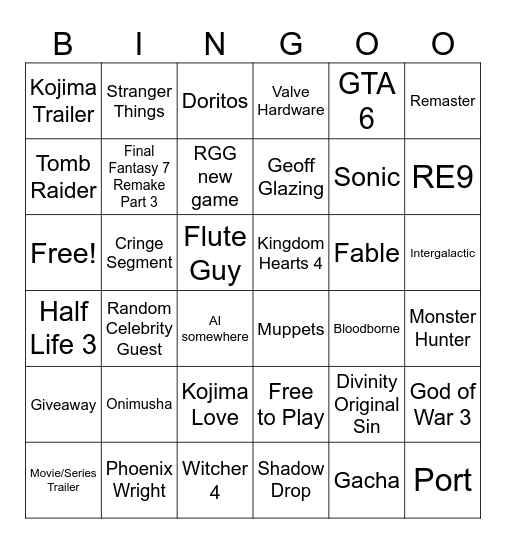 The Game Awards 25 Bingo Card
