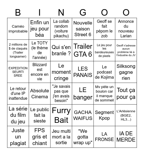 Game Awards 2025 Bingo Card