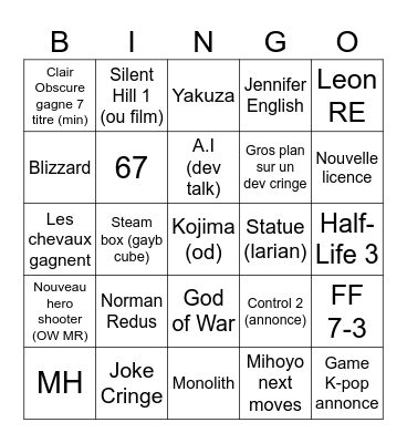 Game Awards Bingo Card