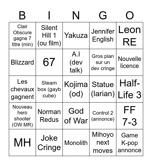 Game Awards Bingo Card