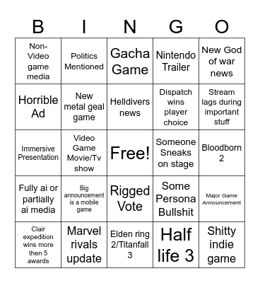 Game Awards 2025 Bingo Card
