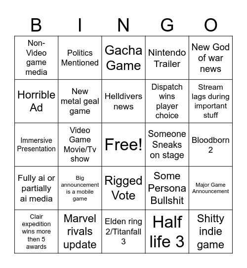 Game Awards 2025 Bingo Card