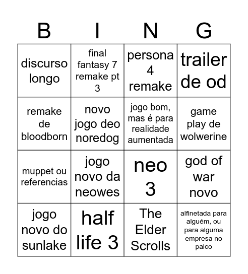 the games awards Bingo Card