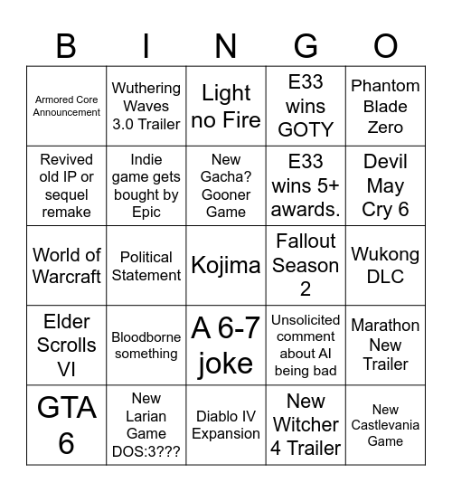 TGA Bingo Card