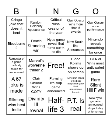 Game Awards Bingo Card