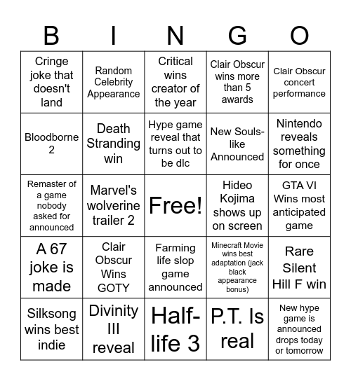 Game Awards Bingo Card