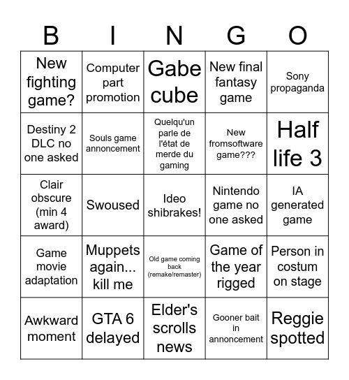 Game awards 2025 Bingo Card