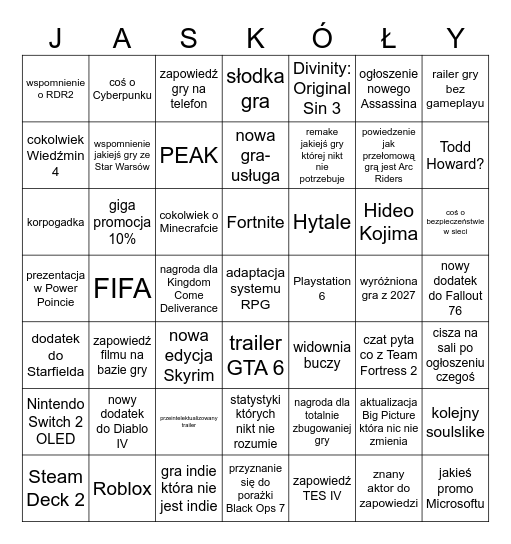 TGA Bingo Card