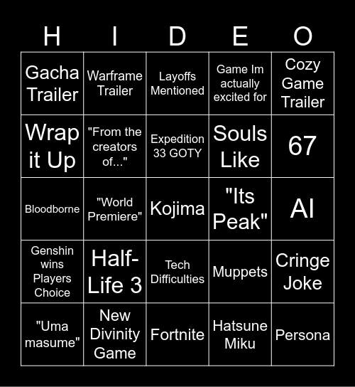 Game Awards 2025 Bingo Card